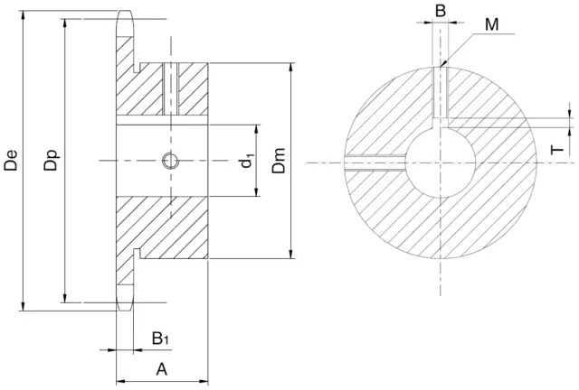 Kjedehjul 08B-1 Z16 HT med nav Stål utboring Ø20mm H7+++ 