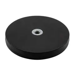 Gummibelagt neodymium magnet Ø43x6 mm med indvendigt M4 gevind og 8,5 kg holde