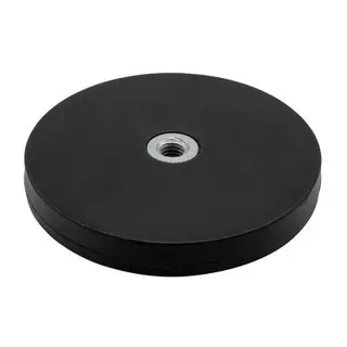 Gummibelagt neodymium magnet Ø43x6 mm med indvendigt M4 gevind og 8,5 kg holde 